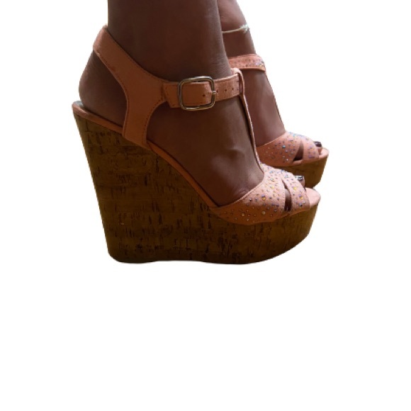 SODA super high open toe cork wedges with pink velvet straps and diamond studs - Picture 5 of 5